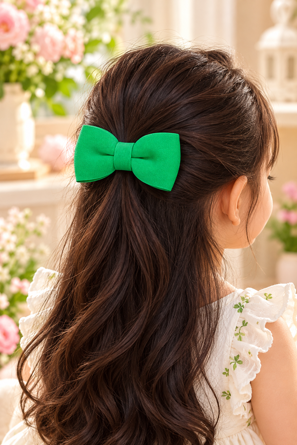 Green Daisy Floral Bow Hair Pin Set