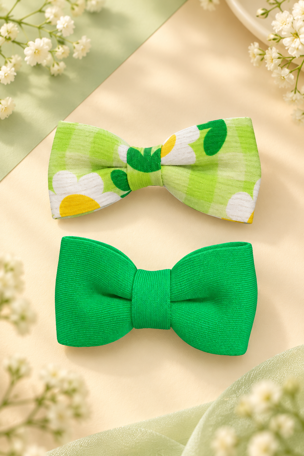 Green Daisy Floral Bow Hair Pin Set