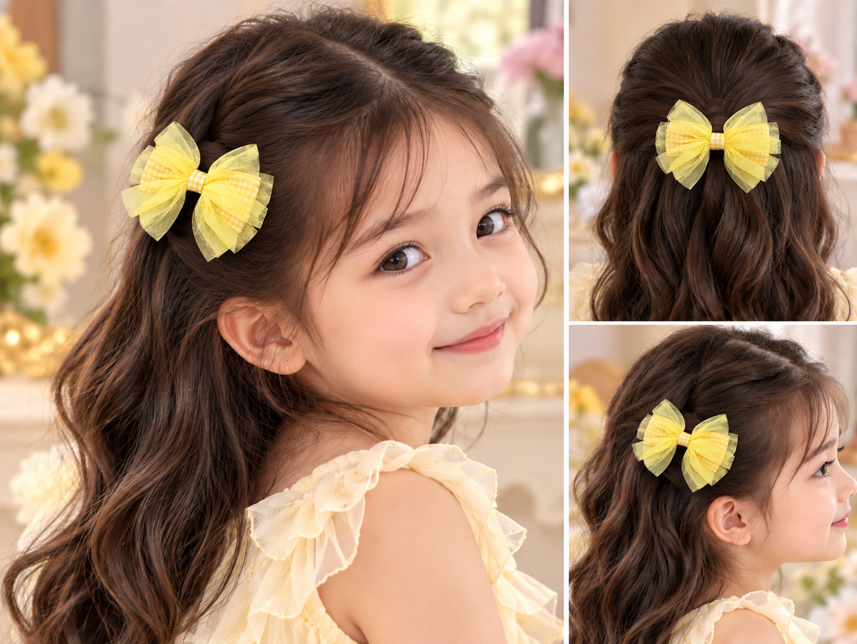 Yellow Checkered Bow Hair Pin
