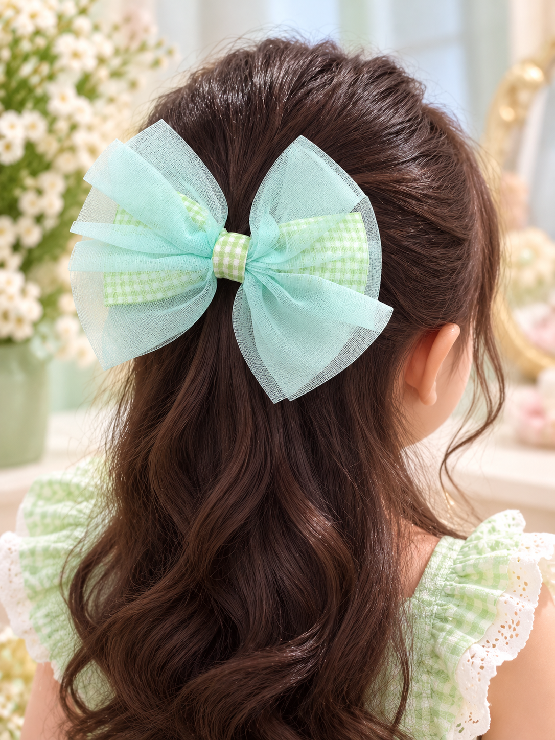 Mint Green Checkered Bow Hair Pin