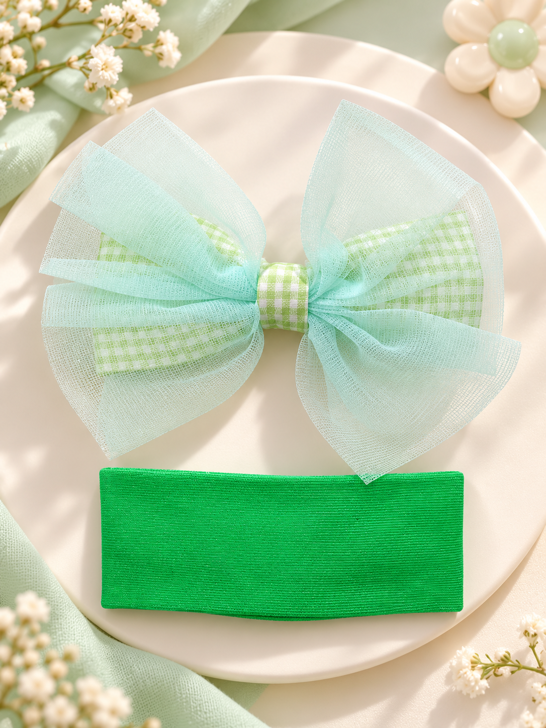Mint Green Checkered Bow Hair Pin
