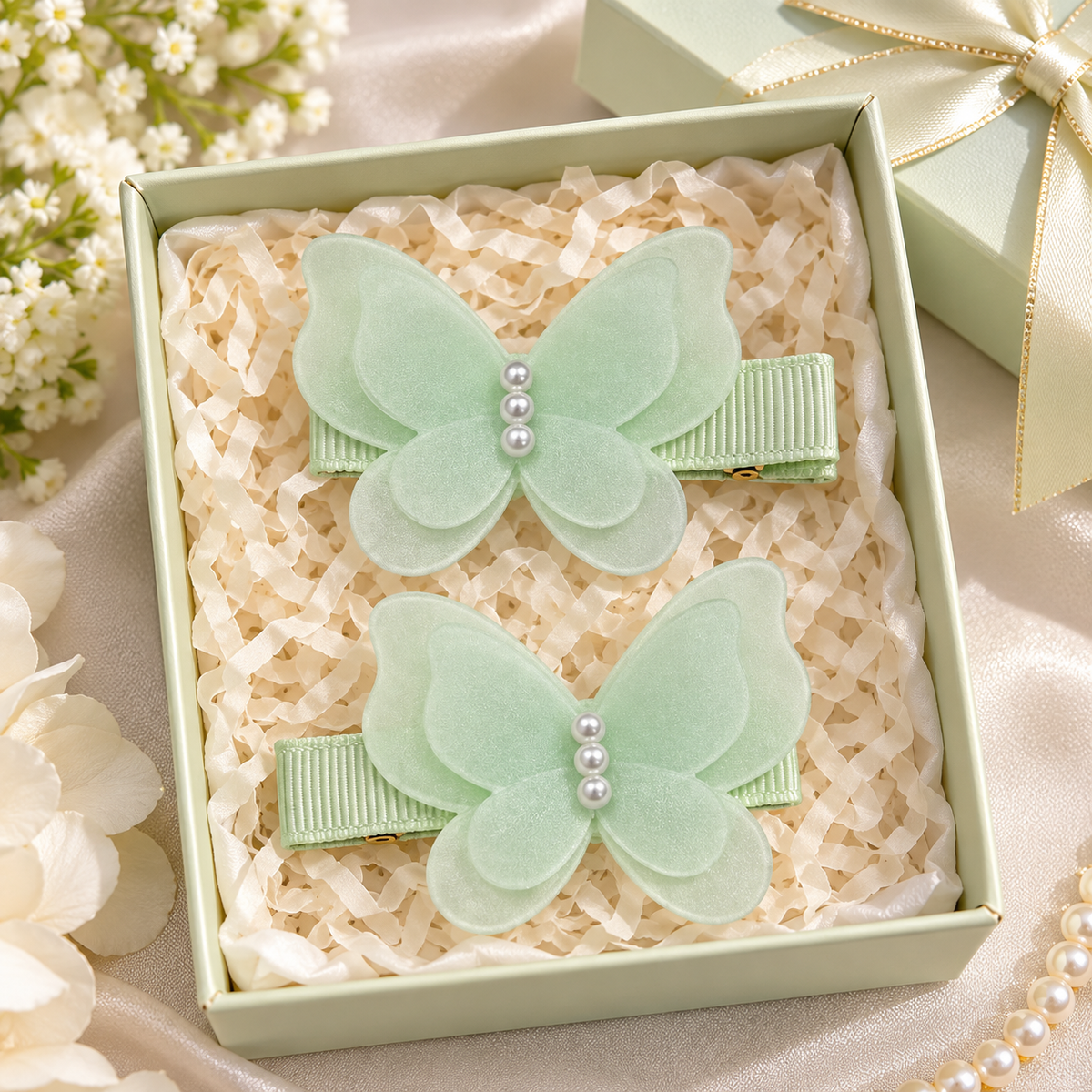 Green Butterfly Pearl Hair Pin Set