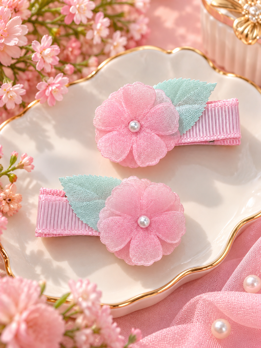 Pink Flower Pearl Hair Pin Set