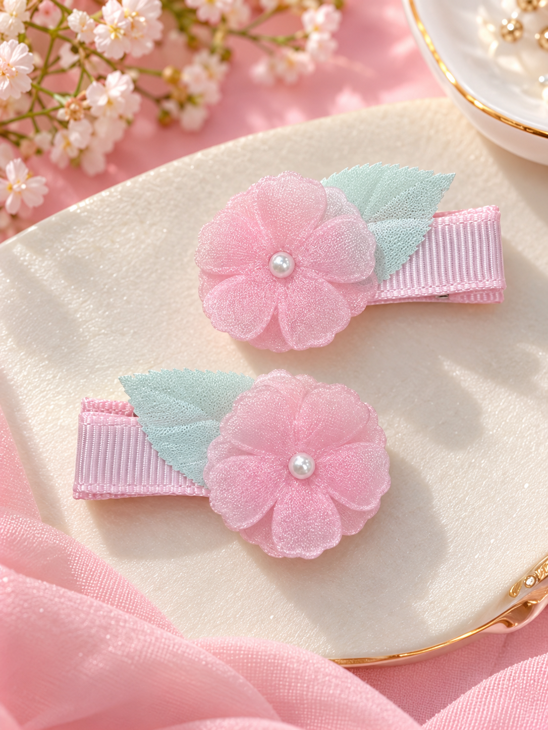 Pink Flower Pearl Hair Pin Set