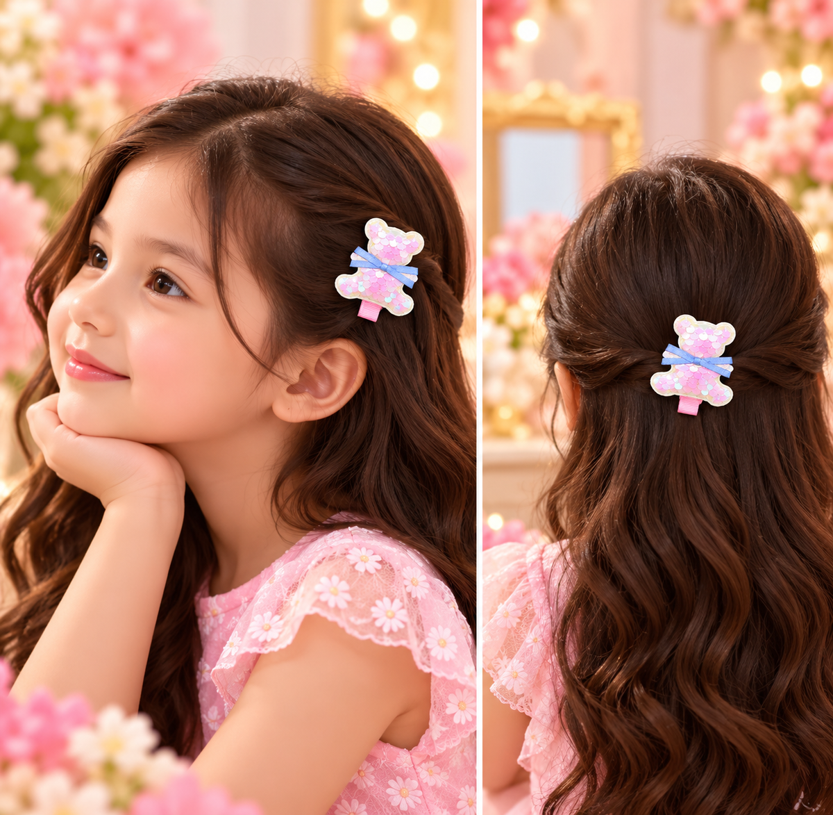 Pink Sequin Teddy Bear Hair Pin