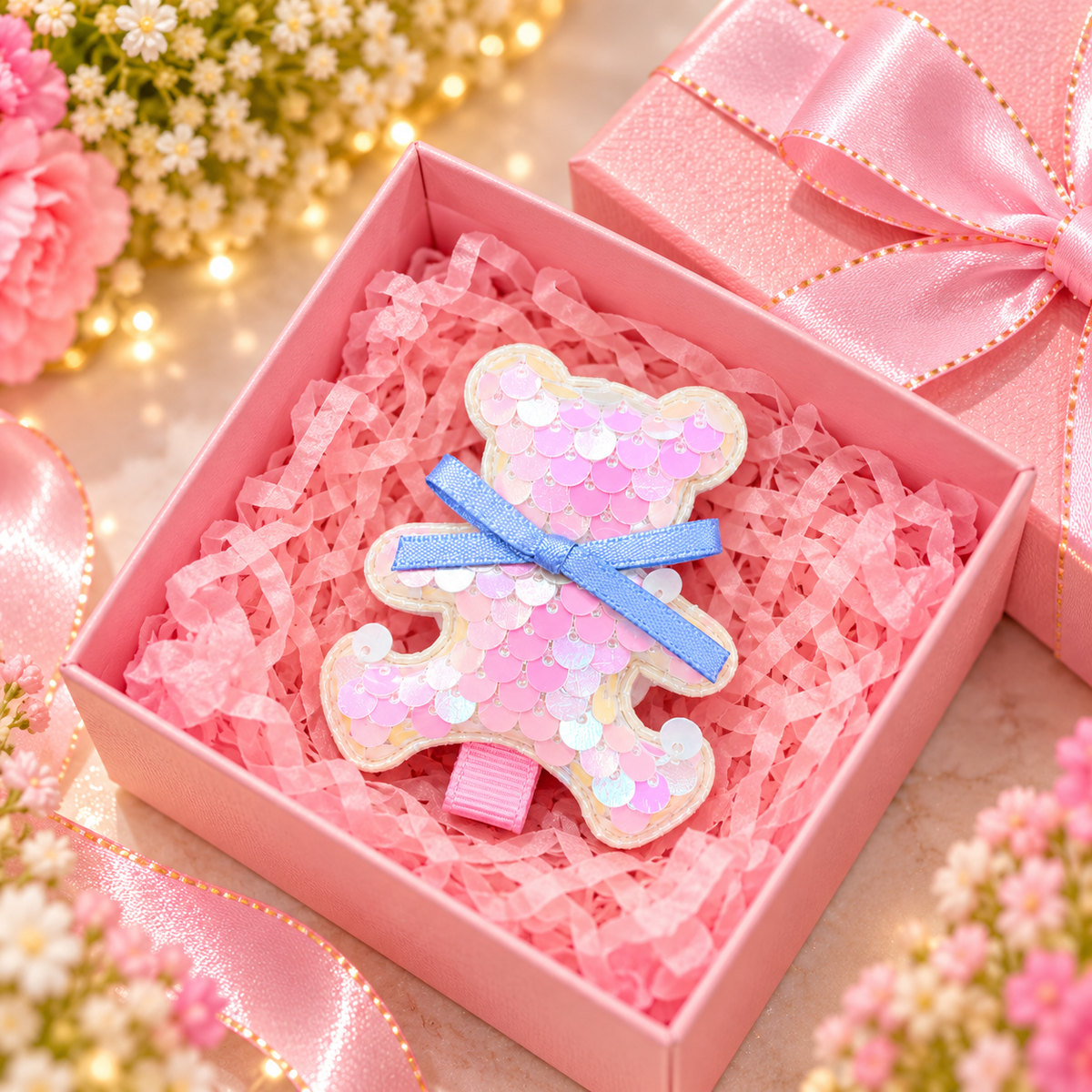 Pink Sequin Teddy Bear Hair Pin