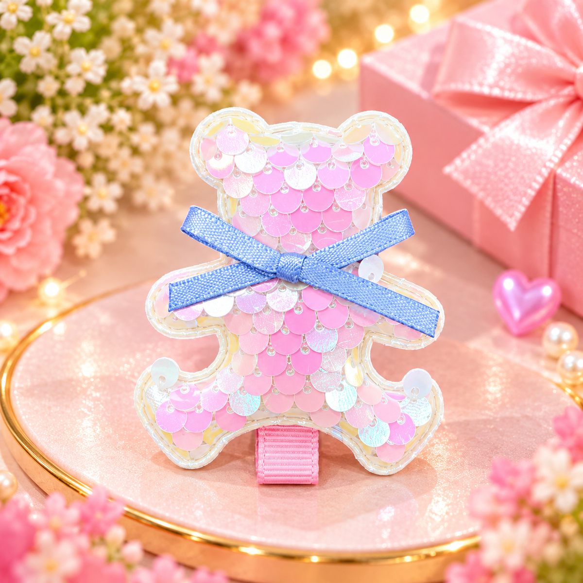 Pink Sequin Teddy Bear Hair Pin