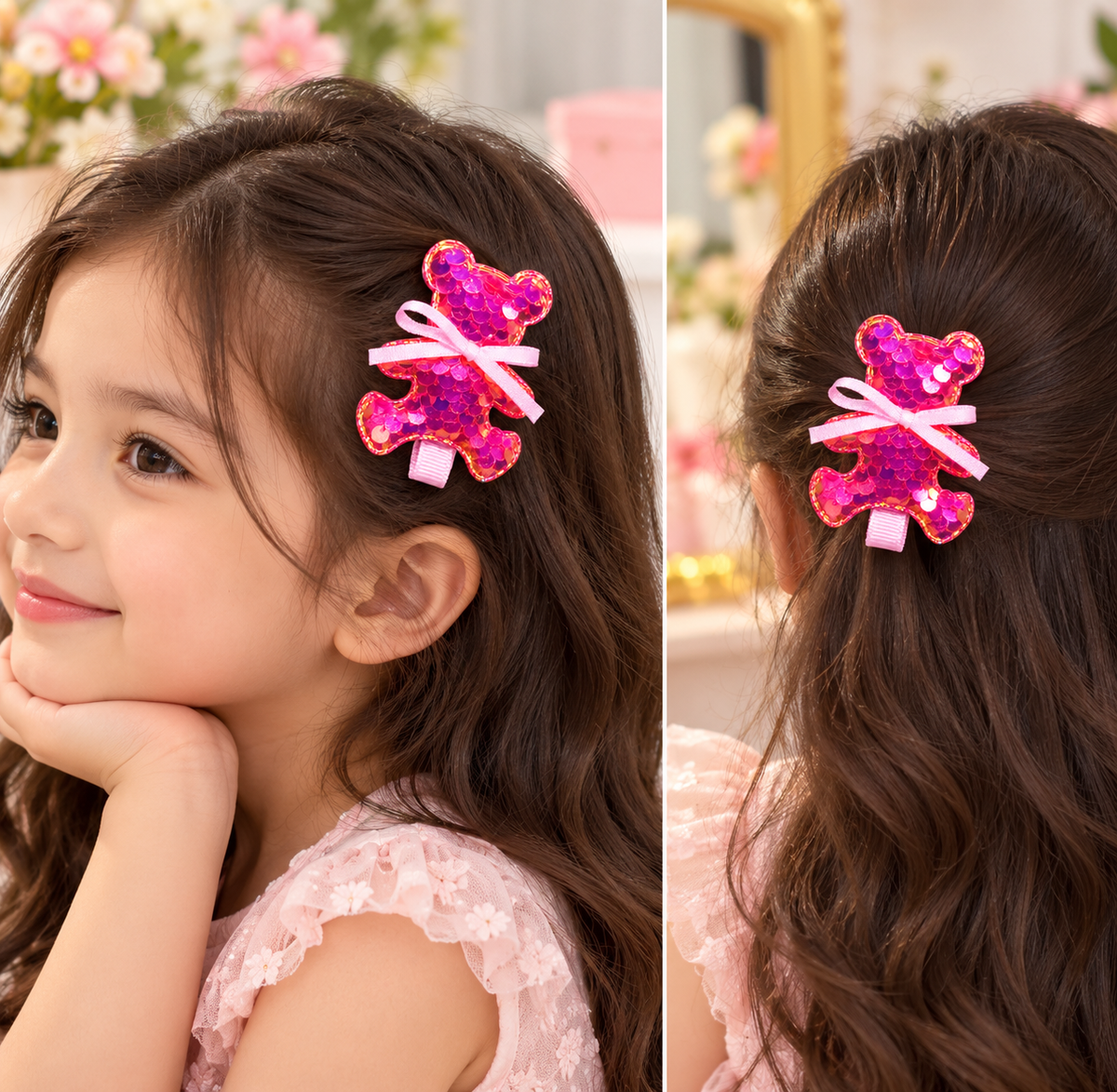 Pink Sequin Teddy Bear Hair Pin