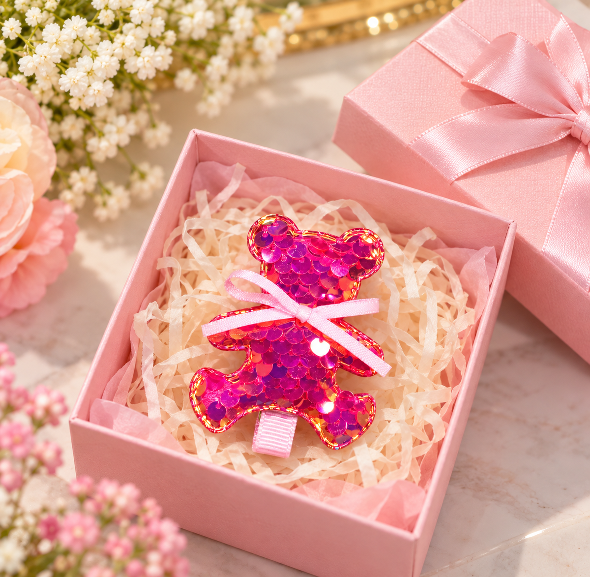Pink Sequin Teddy Bear Hair Pin