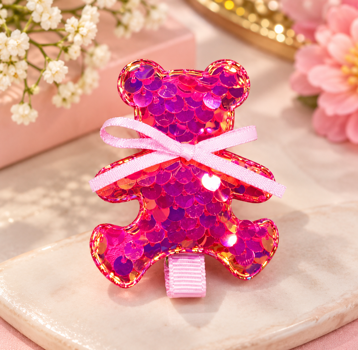 Pink Sequin Teddy Bear Hair Pin