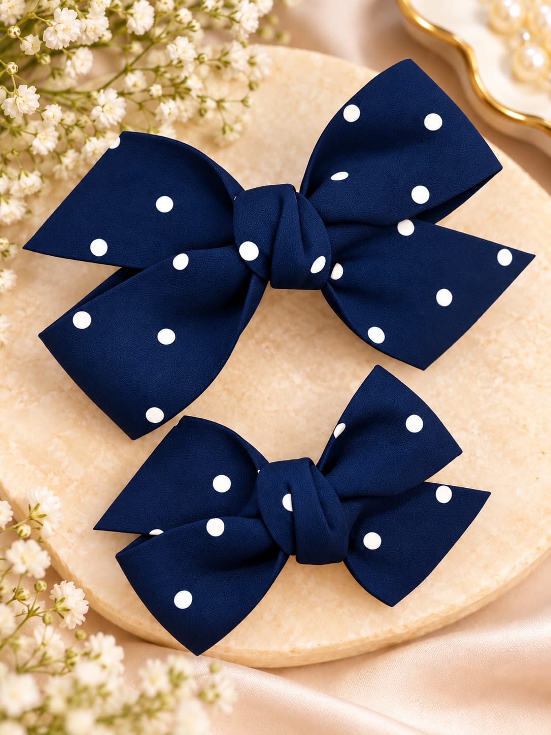Navy Blue Polka Dot Bow Hair Pin Set