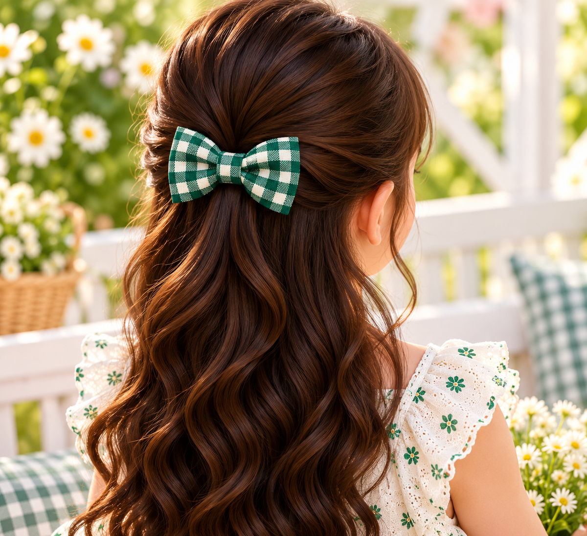 Green Checkered Bow Hair Pin Set