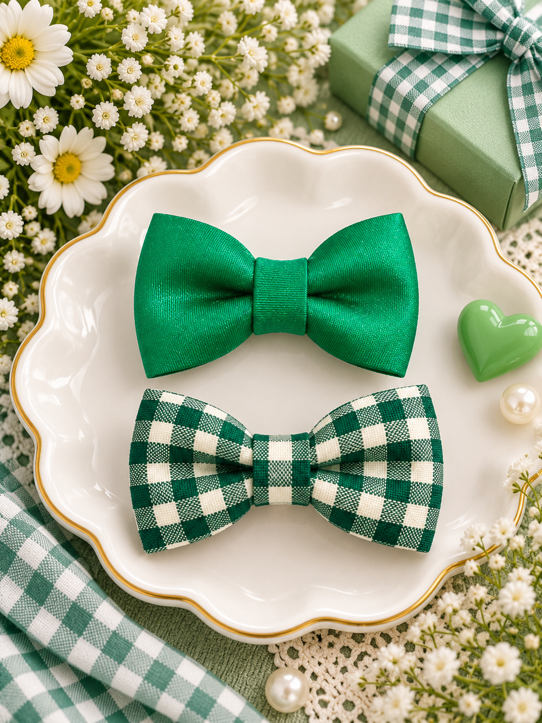 Green Checkered Bow Hair Pin Set