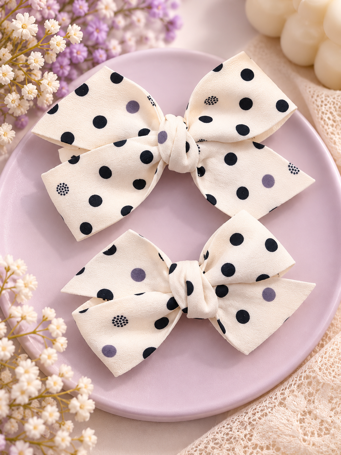 Cream Polka Dot Bow Hair Pin Set