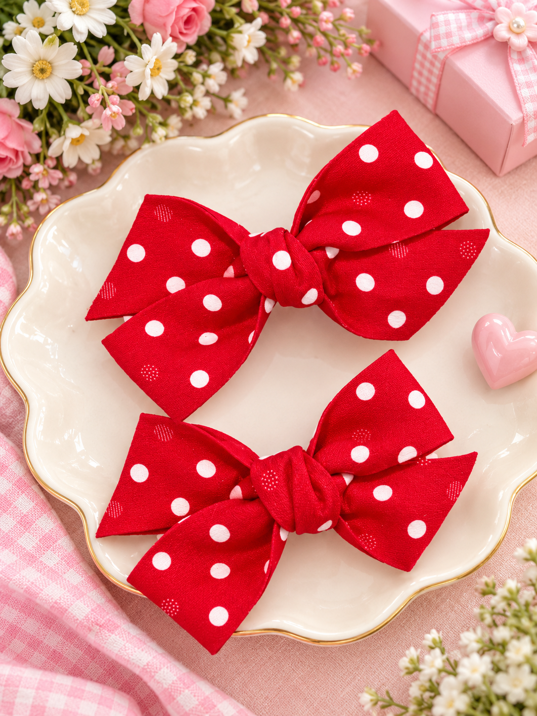 Kids Red Polka Dot Bow Hair Pin Set