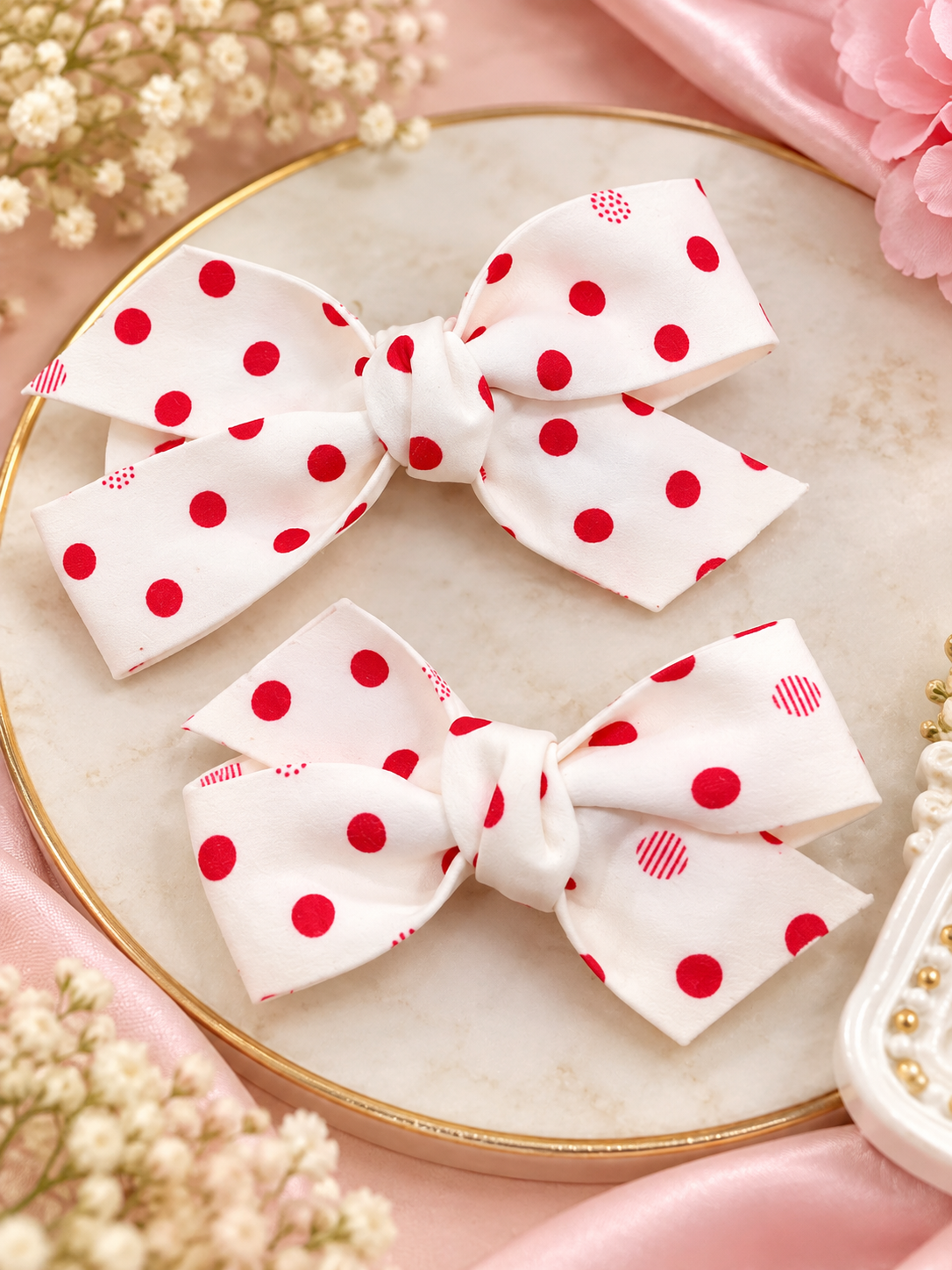 White Red Polka Dot Bow Hair Pin Set