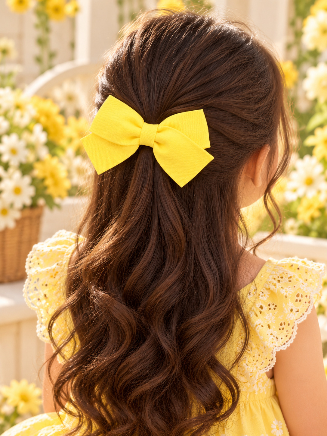Kids Yellow Bow & Lace Hair Pin Set