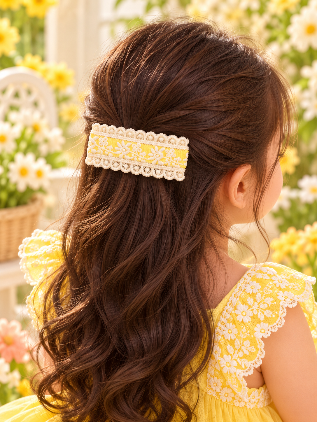 Kids Yellow Bow & Lace Hair Pin Set
