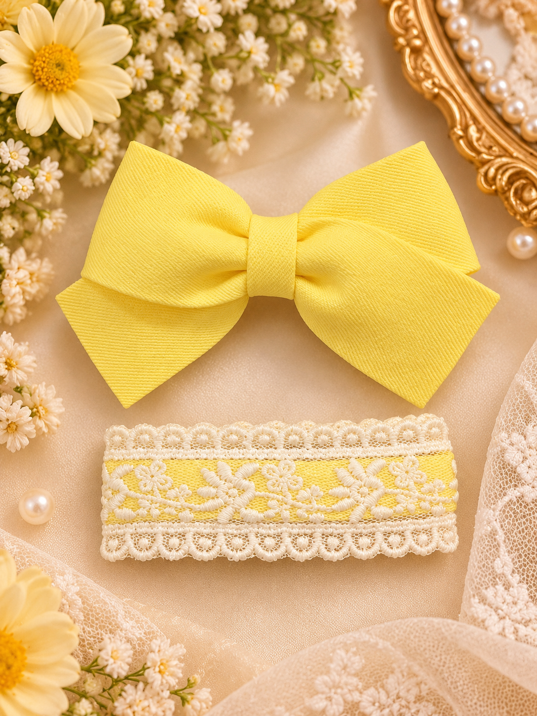 Kids Yellow Bow & Lace Hair Pin Set