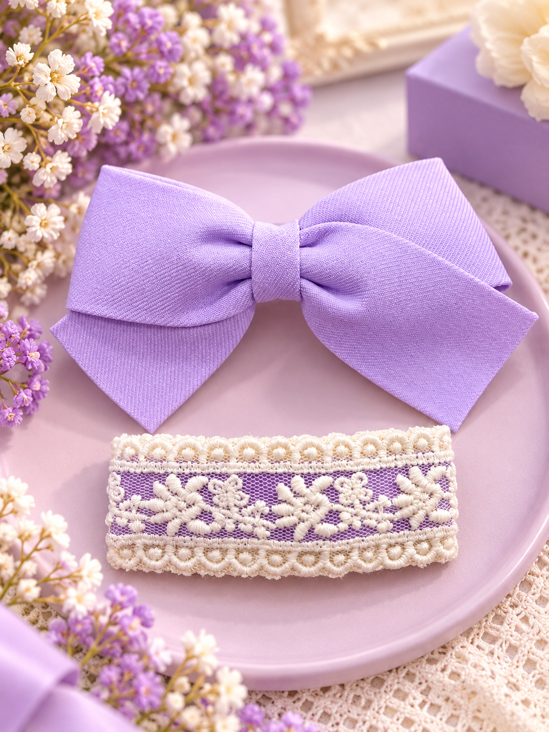 Purple Bow & Lace Kids Hair Pin Set