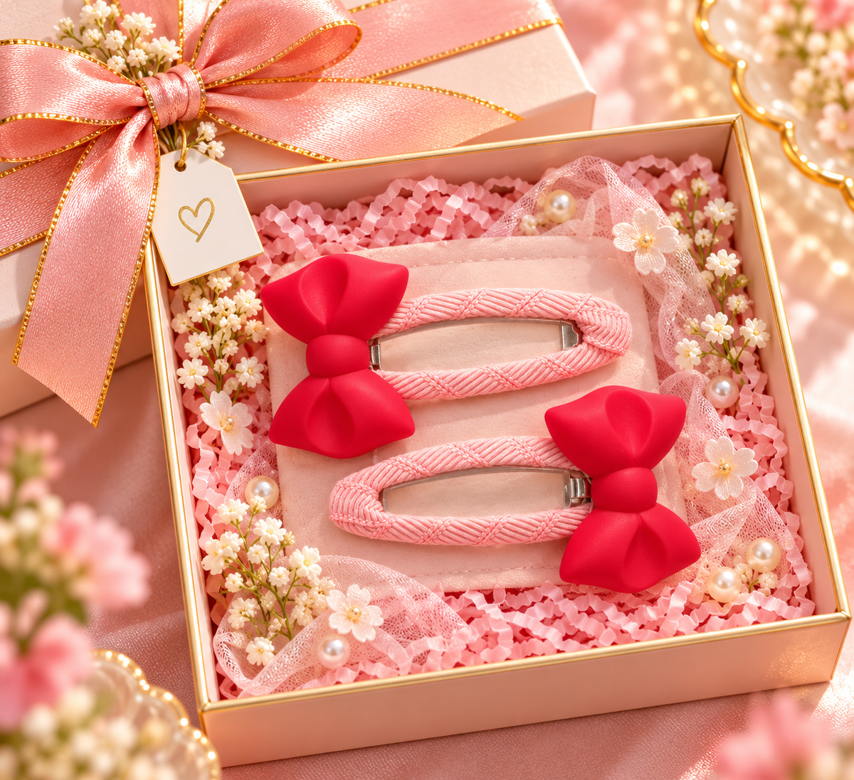 Kids Red Bow Hair Pin Set