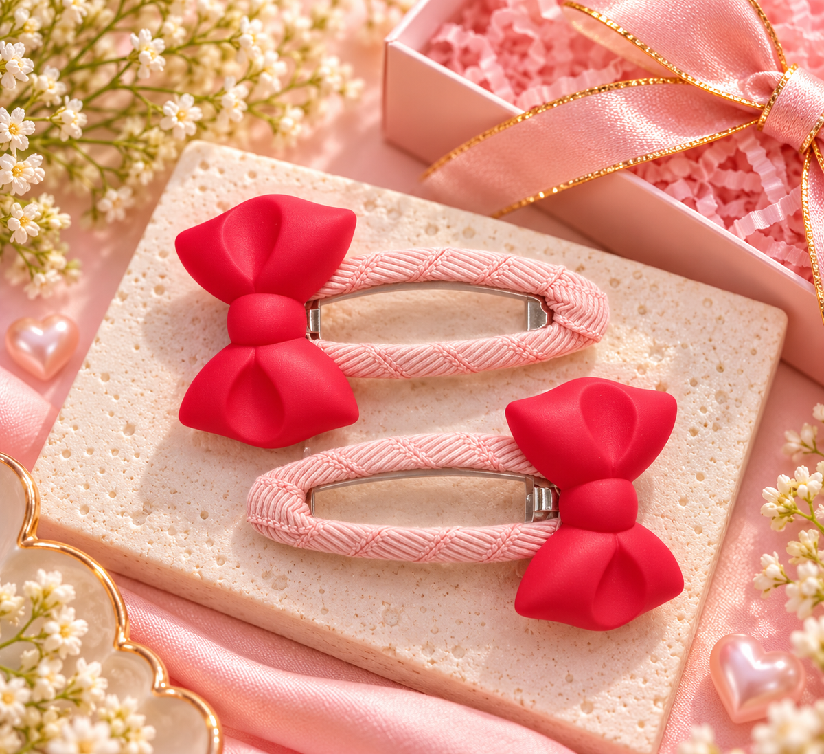 Kids Red Bow Hair Pin Set