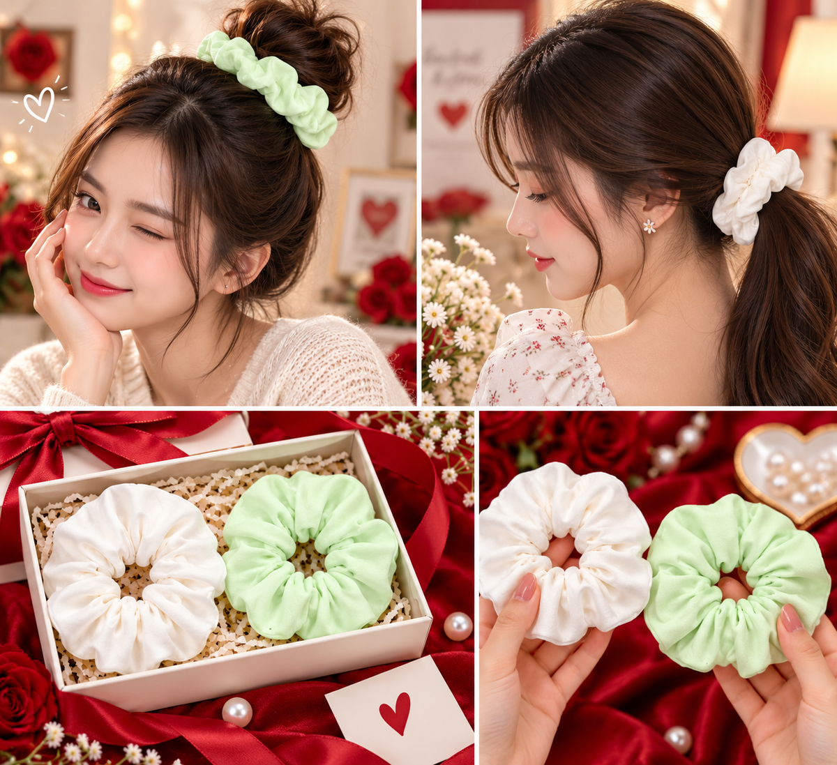 Mint Green & White Small Scrunchie Set of 2