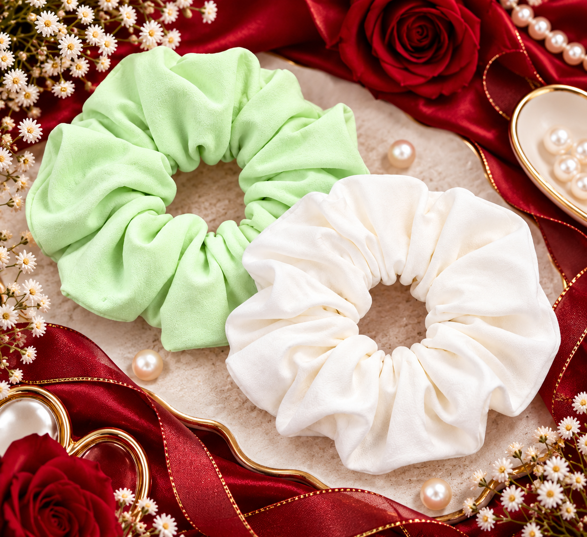 Mint Green & White Small Scrunchie Set of 2