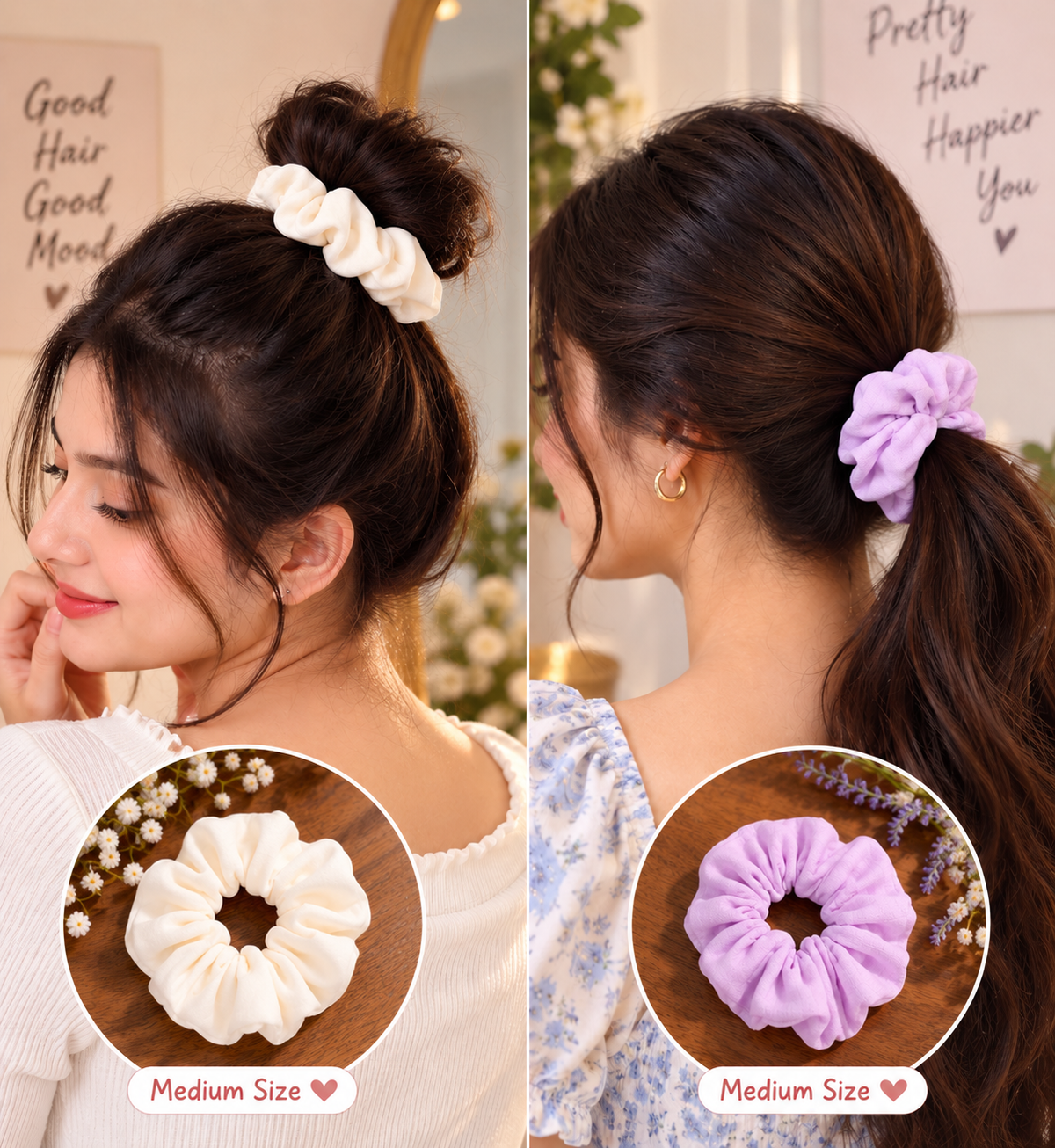White & Lavender Small Scrunchie Set of 2