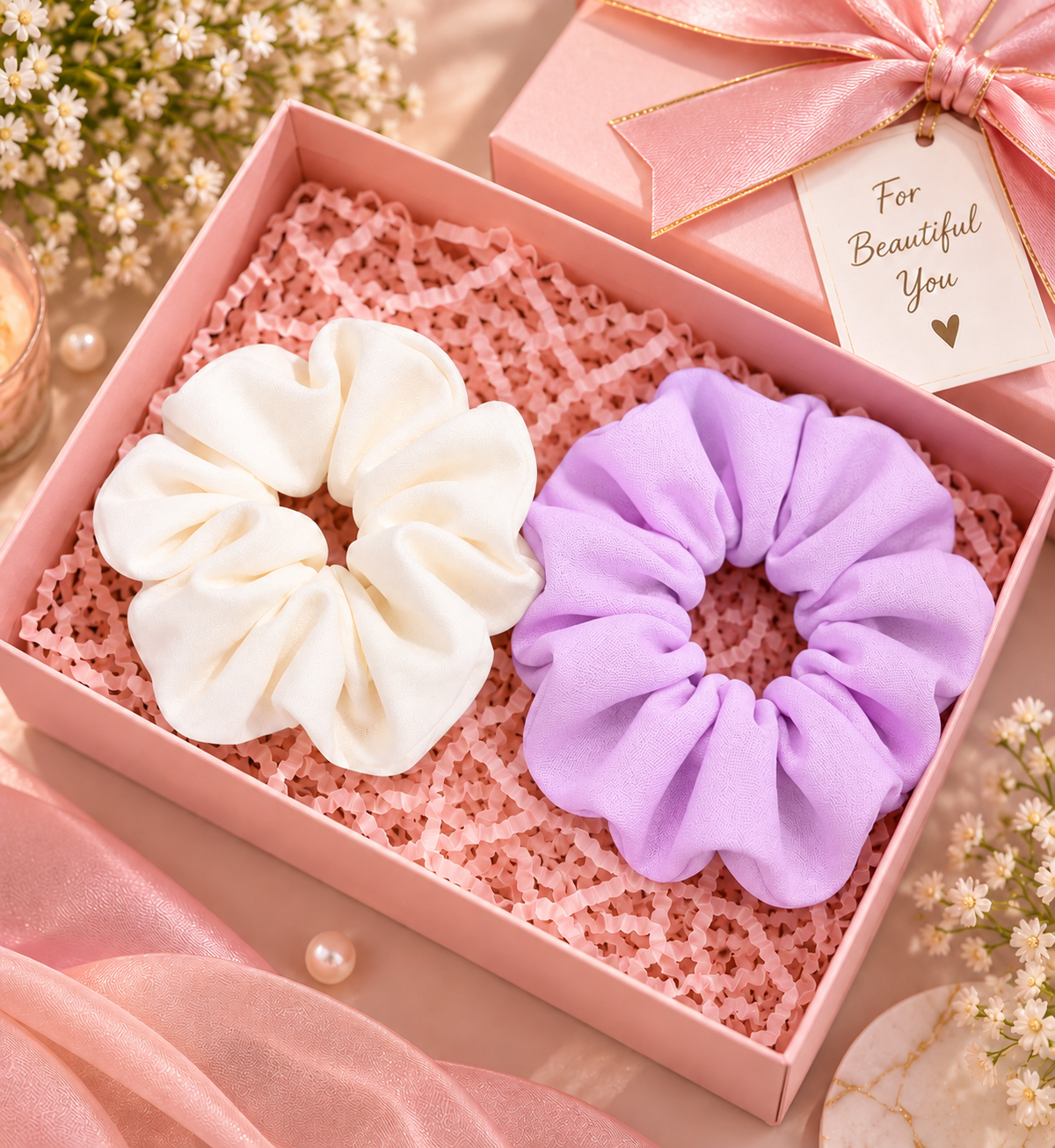 White & Lavender Small Scrunchie Set of 2