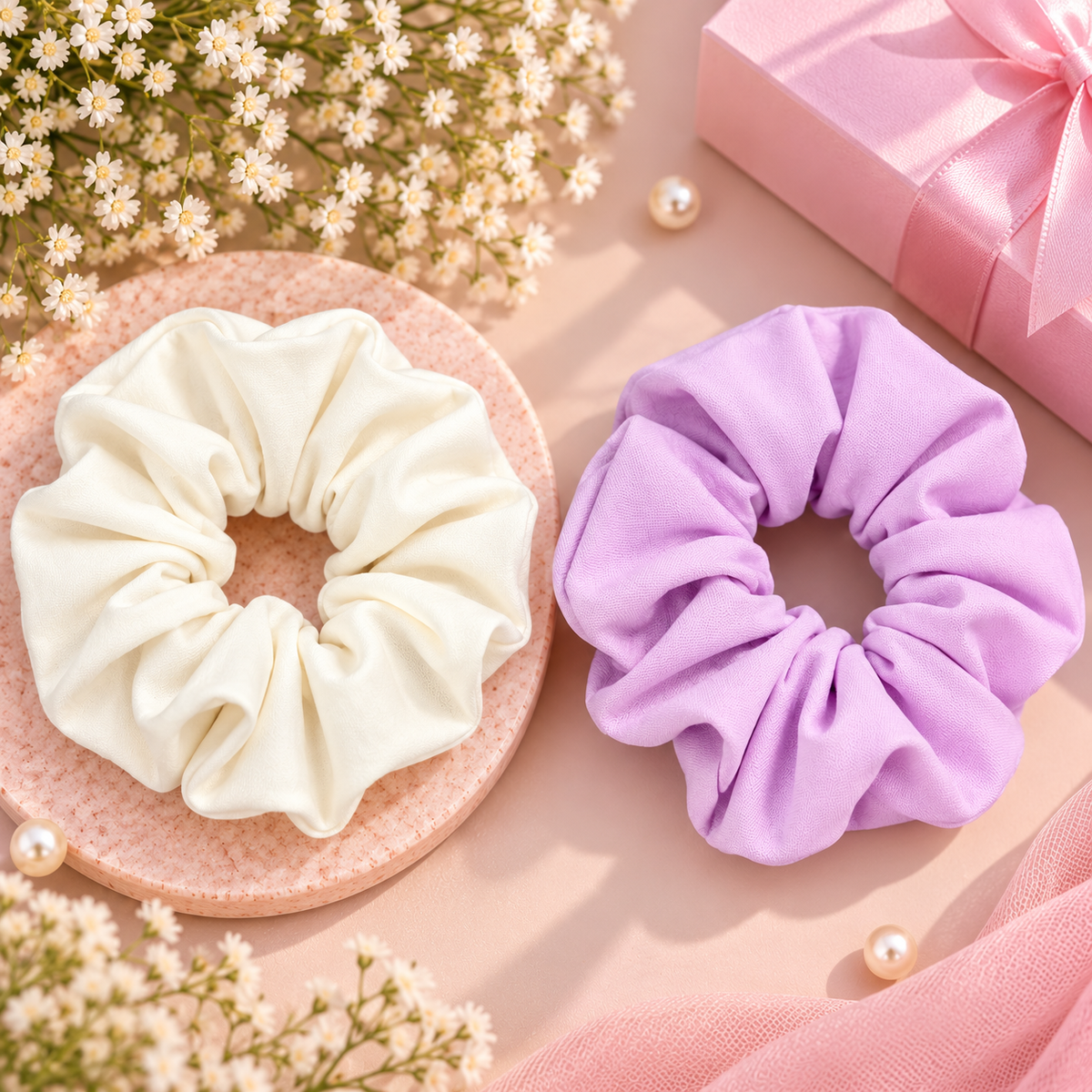 White & Lavender Small Scrunchie Set of 2