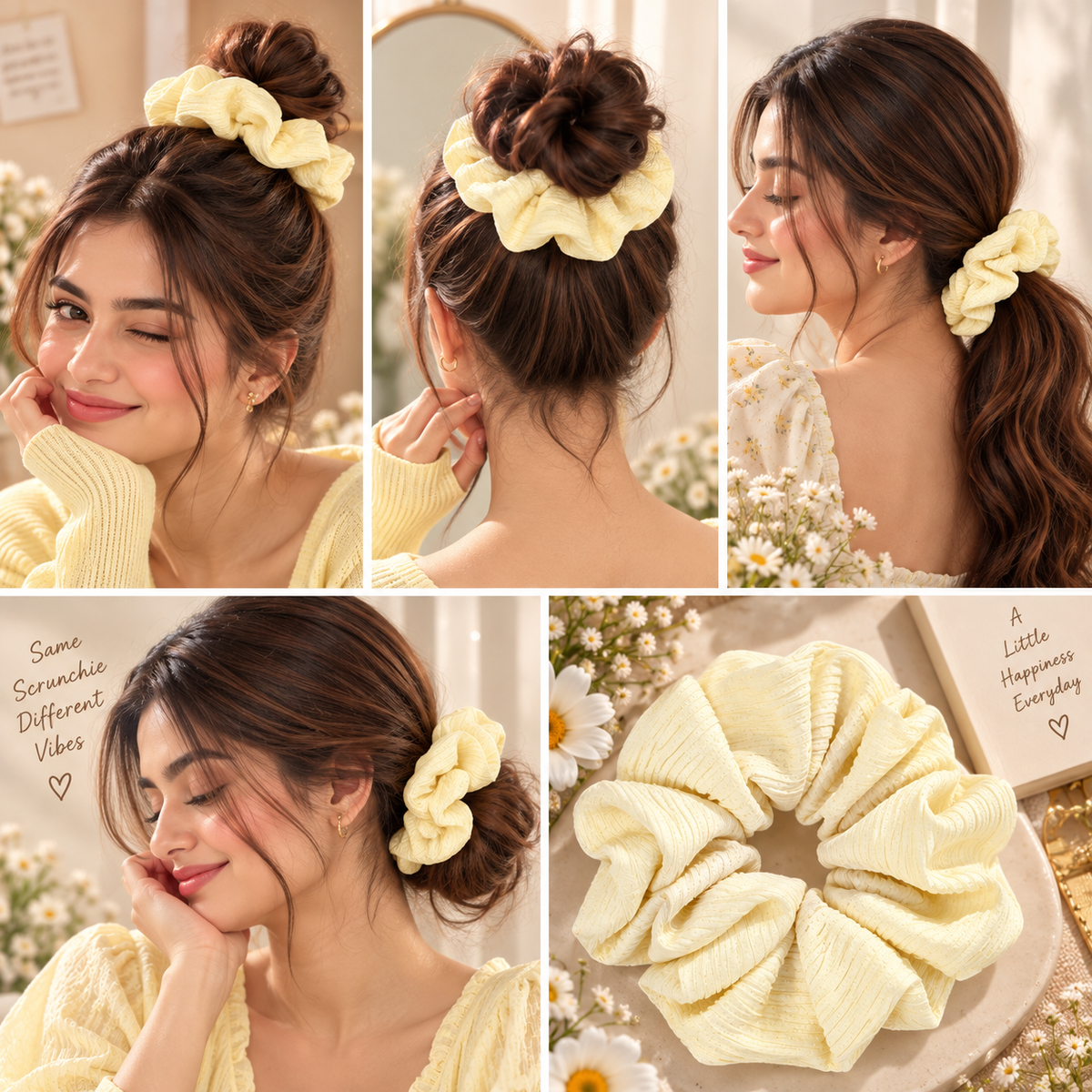 Small Light Yellow Pleated Scrunchie
