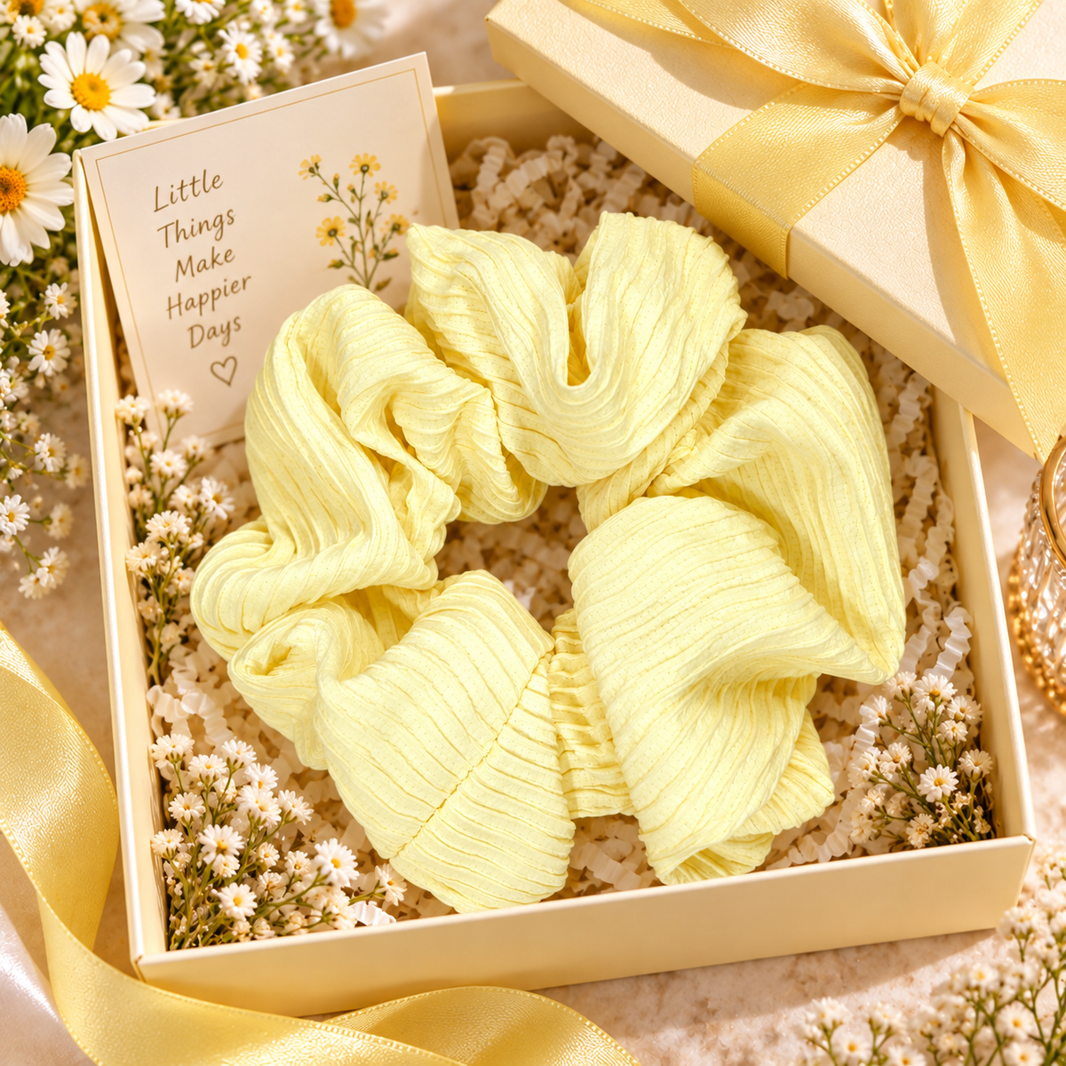 Small Light Yellow Pleated Scrunchie