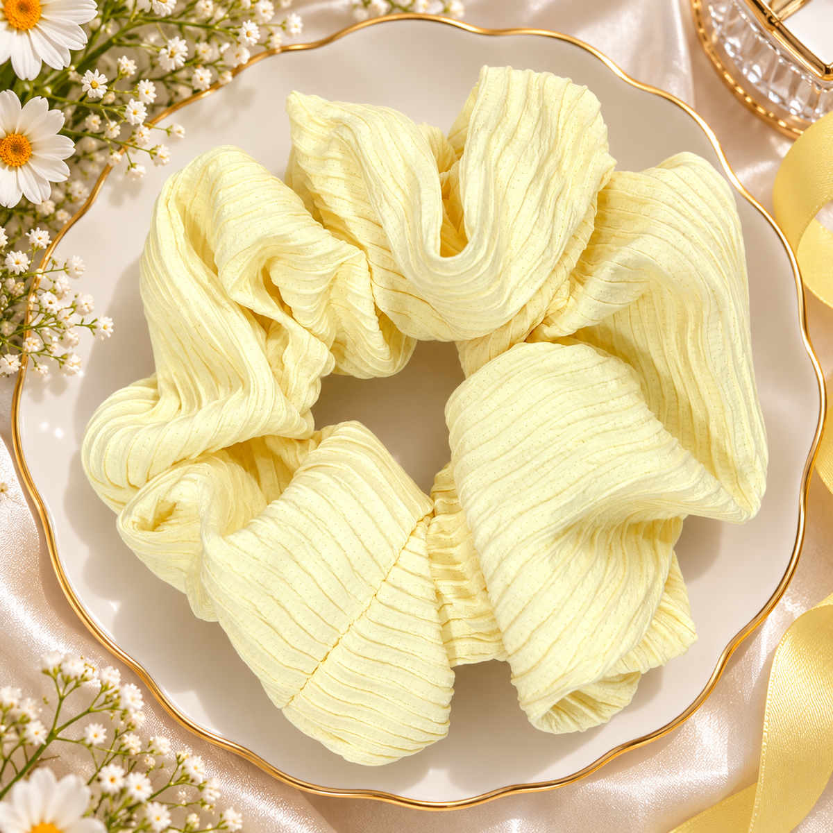Small Light Yellow Pleated Scrunchie