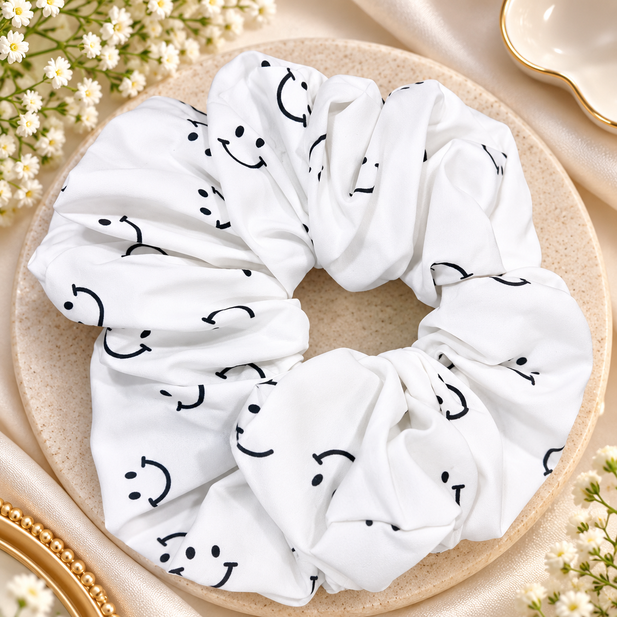 White Smiley Print Big Scrunchie
