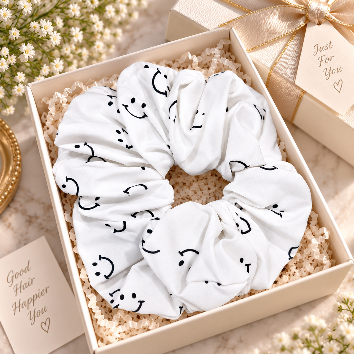 White Smiley Print Big Scrunchie