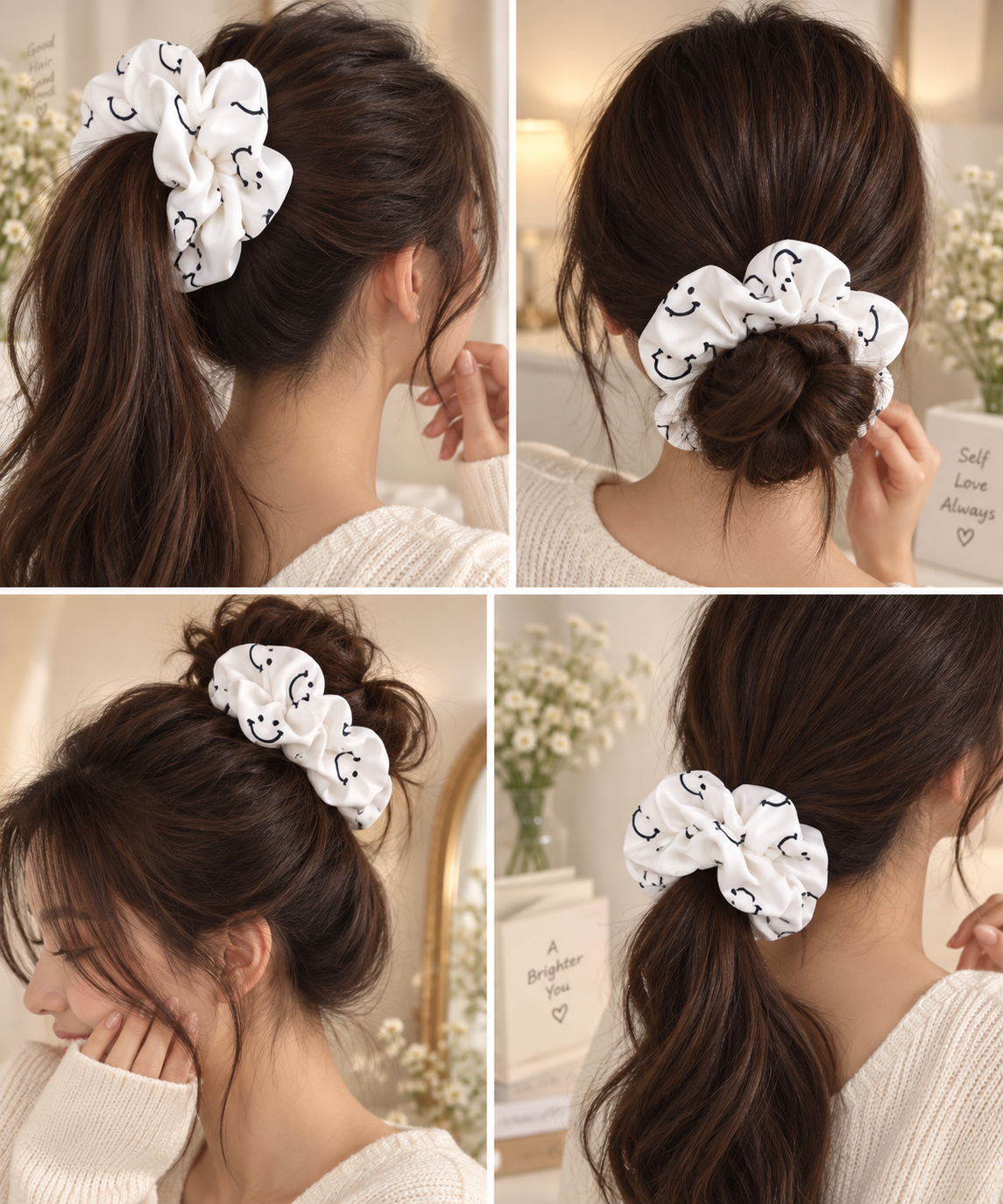 White Smiley Print Big Scrunchie