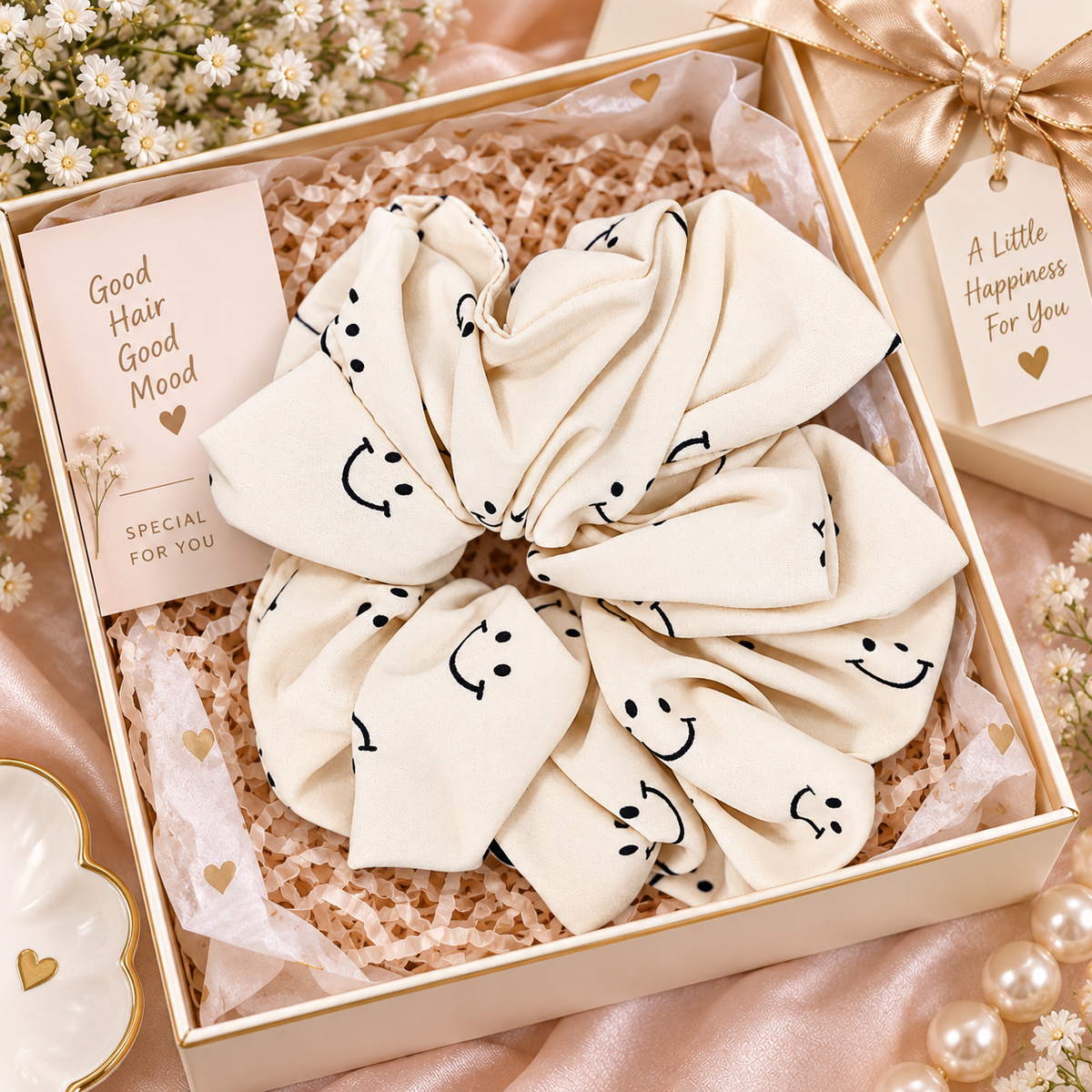 Cream White Smiley Print Big Scrunchie