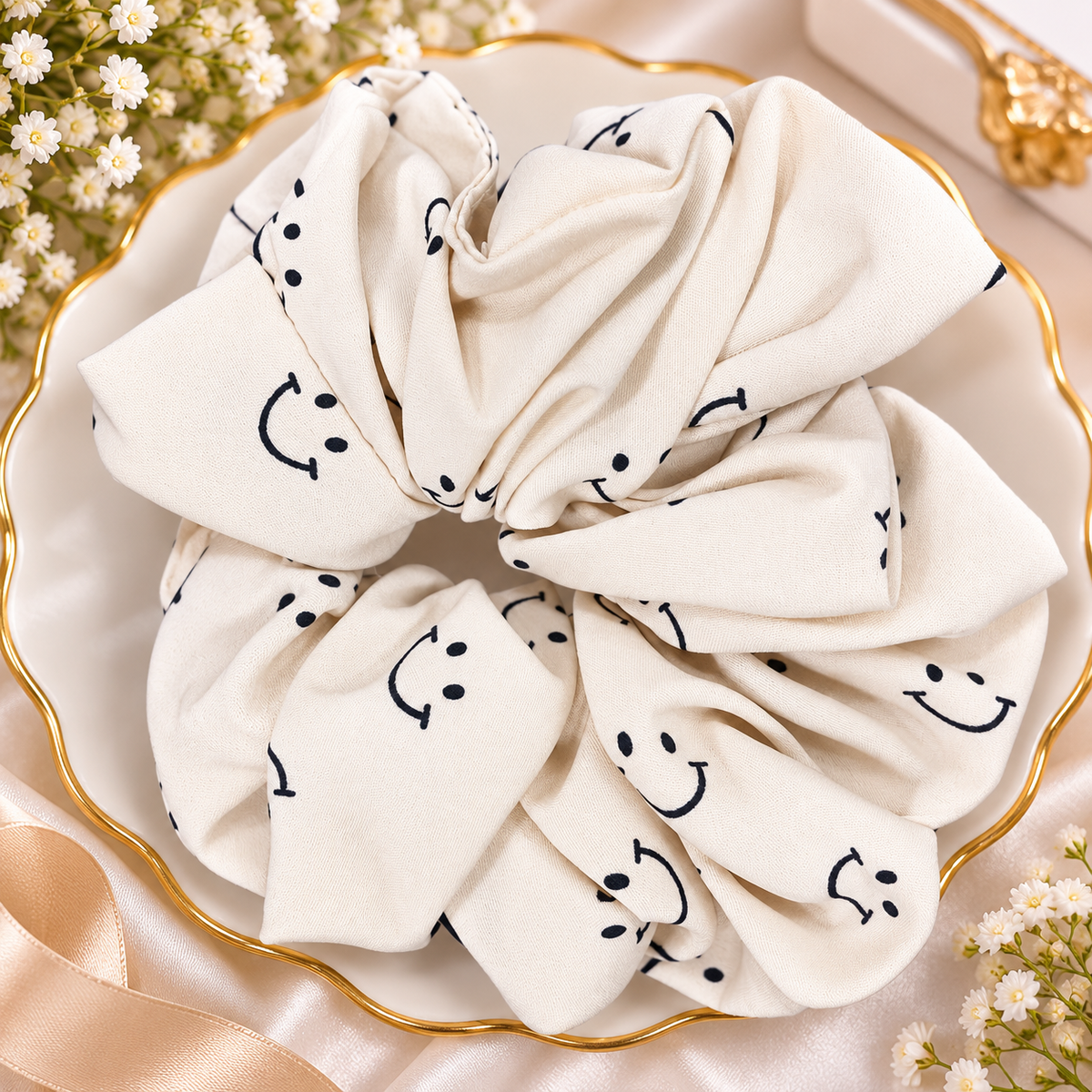 Cream White Smiley Print Big Scrunchie