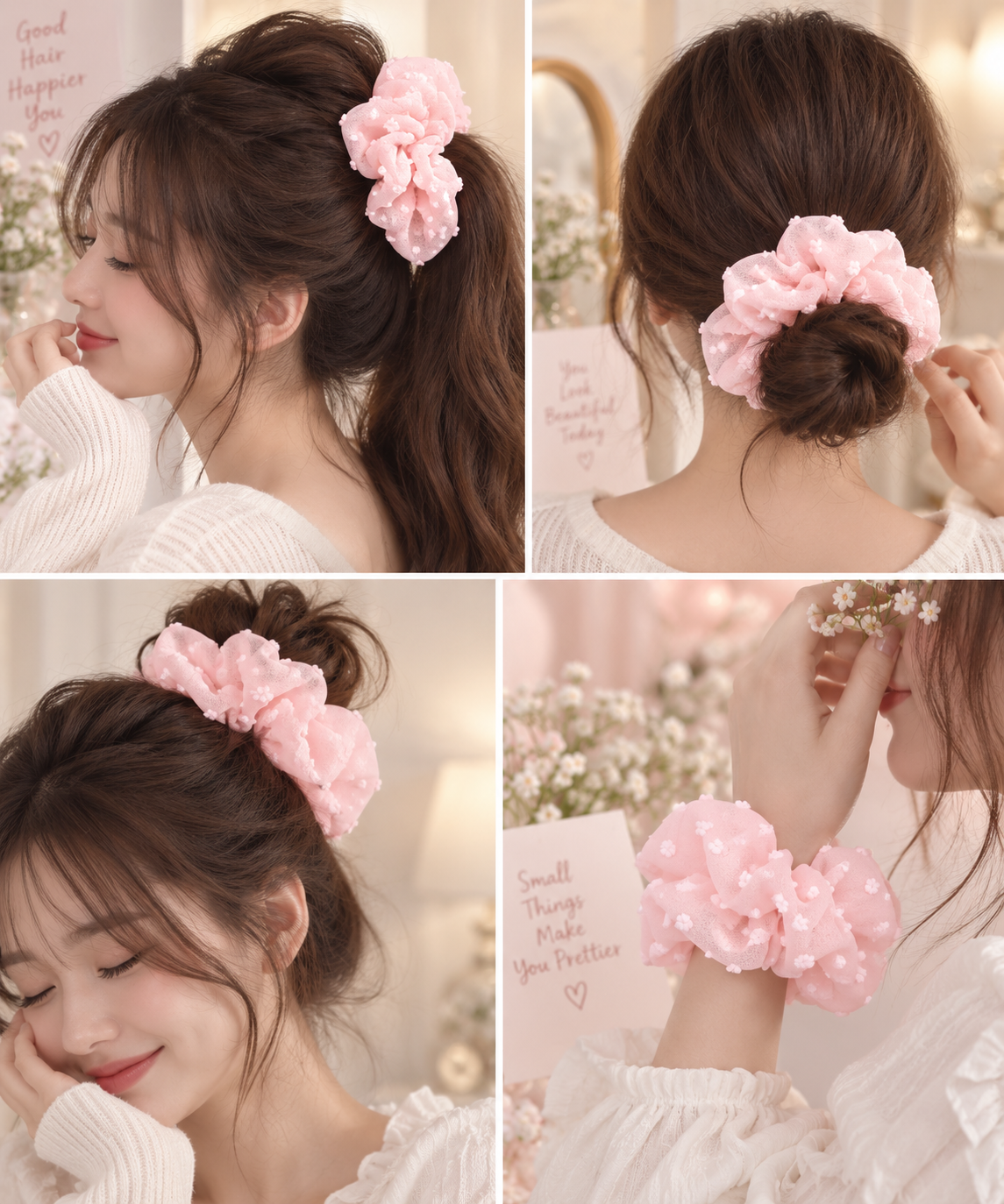 Light Pink Floral Embroidered Big Scrunchie