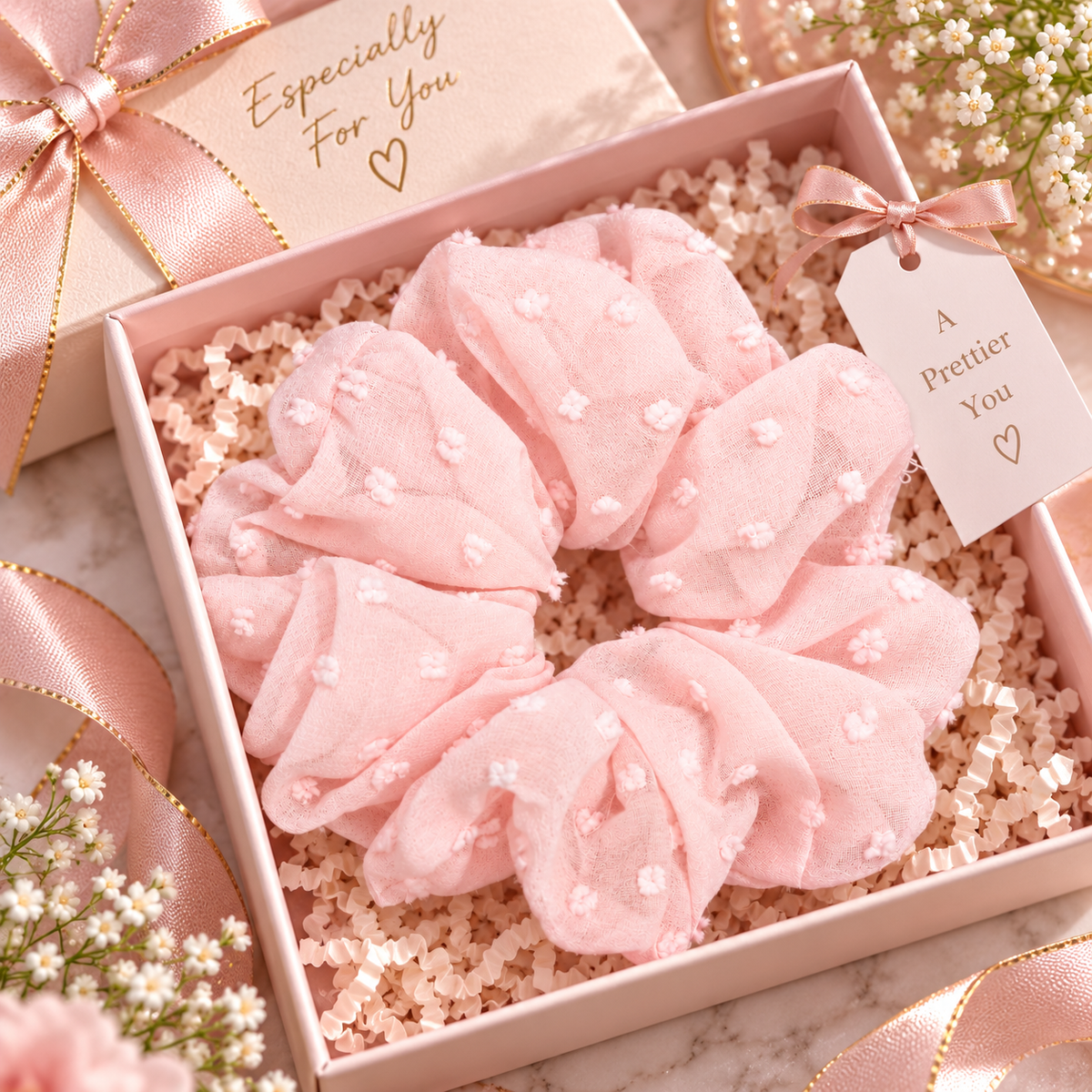 Light Pink Floral Embroidered Big Scrunchie