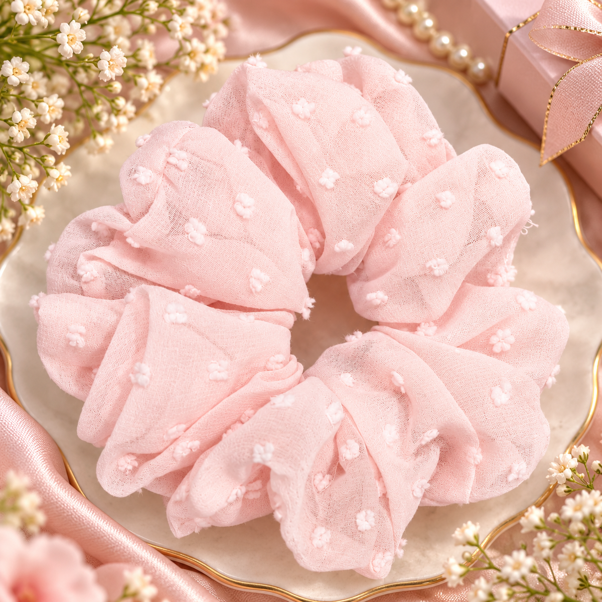 Light Pink Floral Embroidered Big Scrunchie
