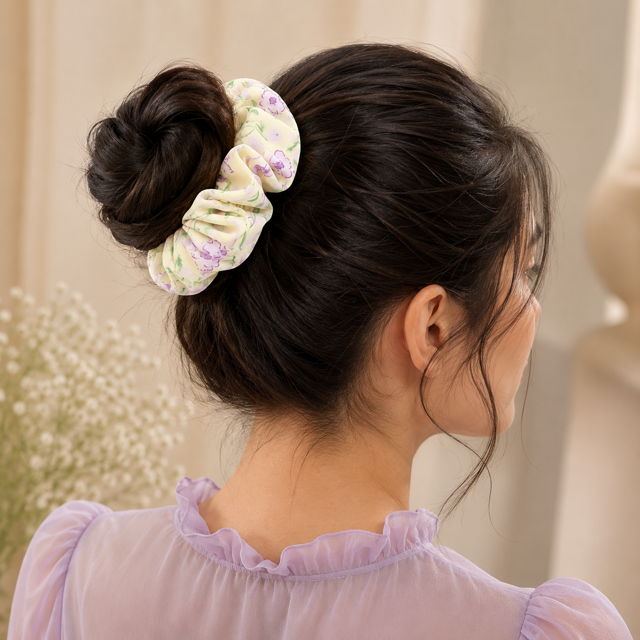 Cream Floral Big Scrunchie