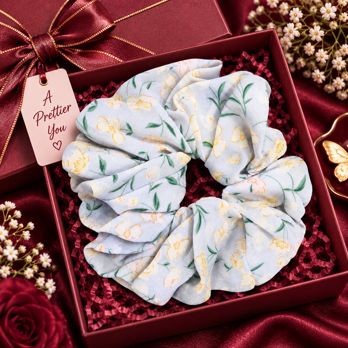 Light Blue Yellow Floral Print Big Scrunchie