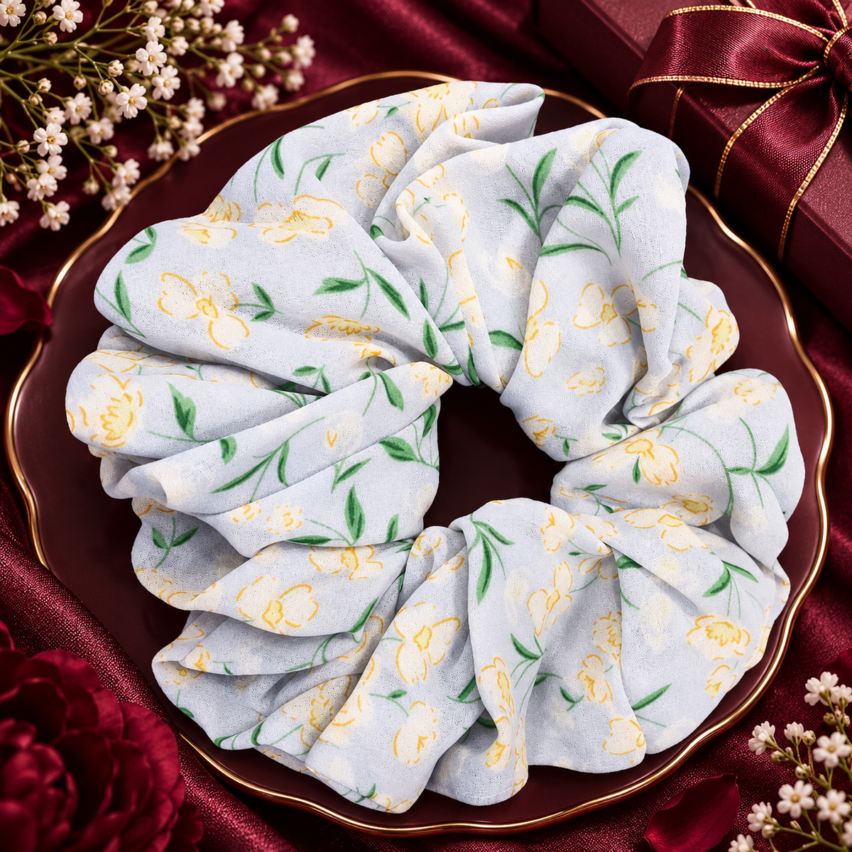 Light Blue Yellow Floral Print Big Scrunchie