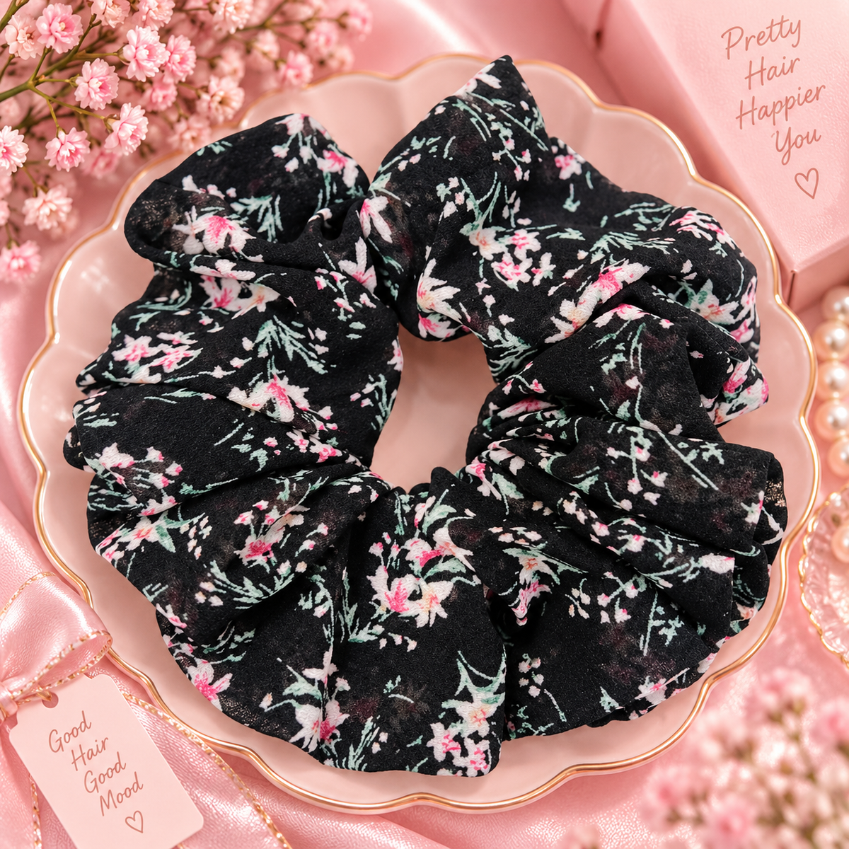 Black Floral Print Big Scrunchie