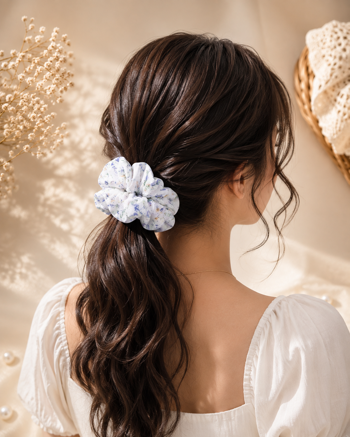 White Blue Floral Print Big Scrunchie Hair Tie