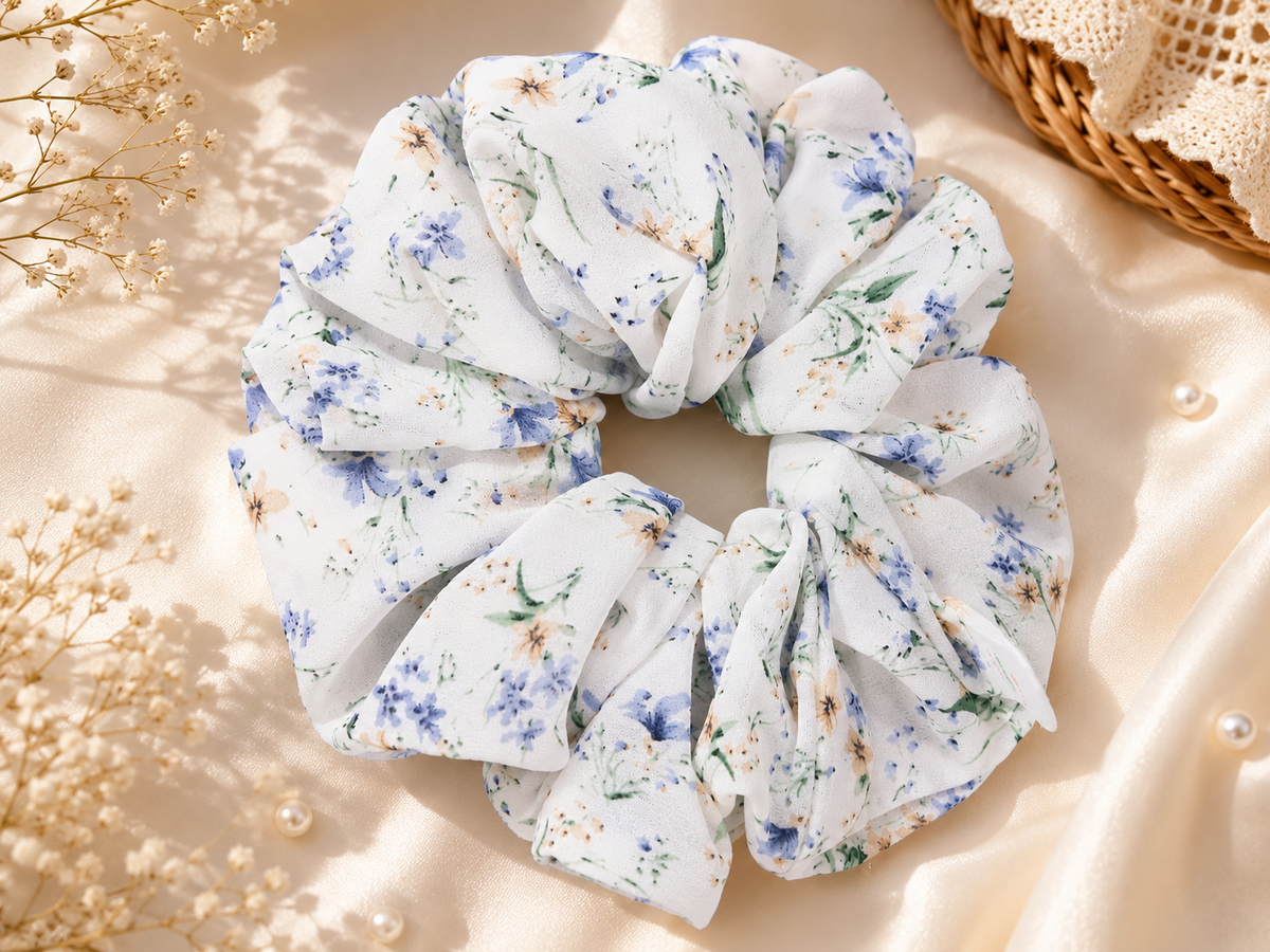 White Blue Floral Print Big Scrunchie Hair Tie