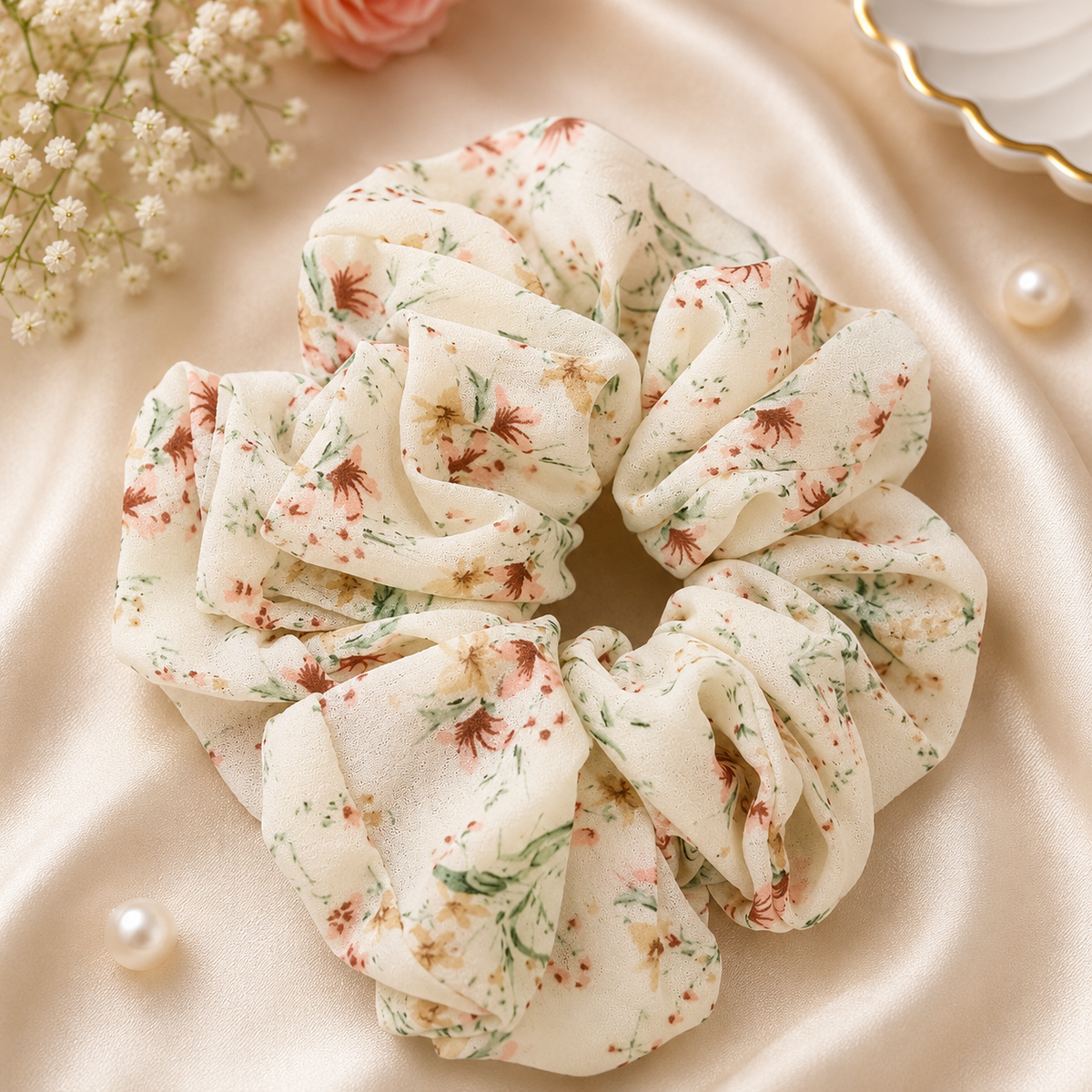 Cream Floral Scrunchie