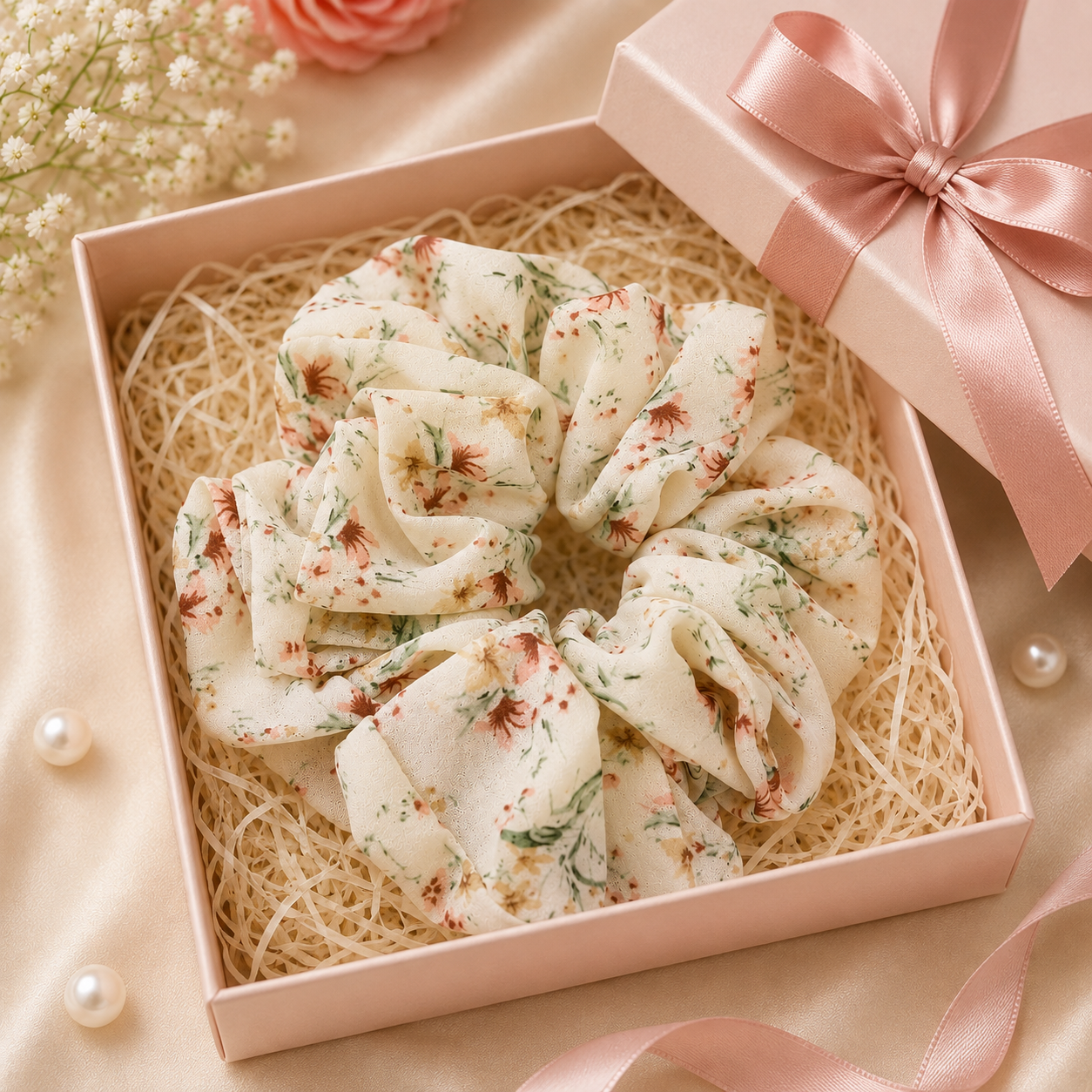 Cream Floral Scrunchie